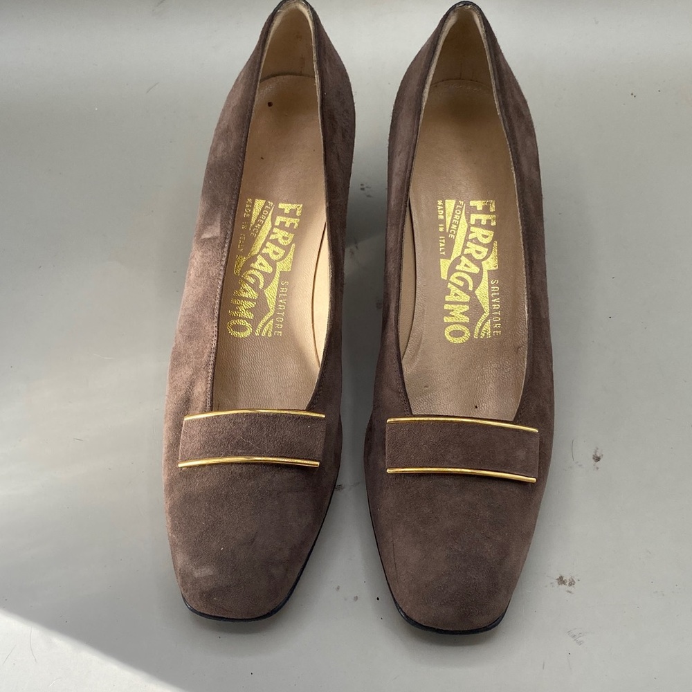 Salvatore Ferragamo Brown Suede Loafers with Gold Trim (lot 206)